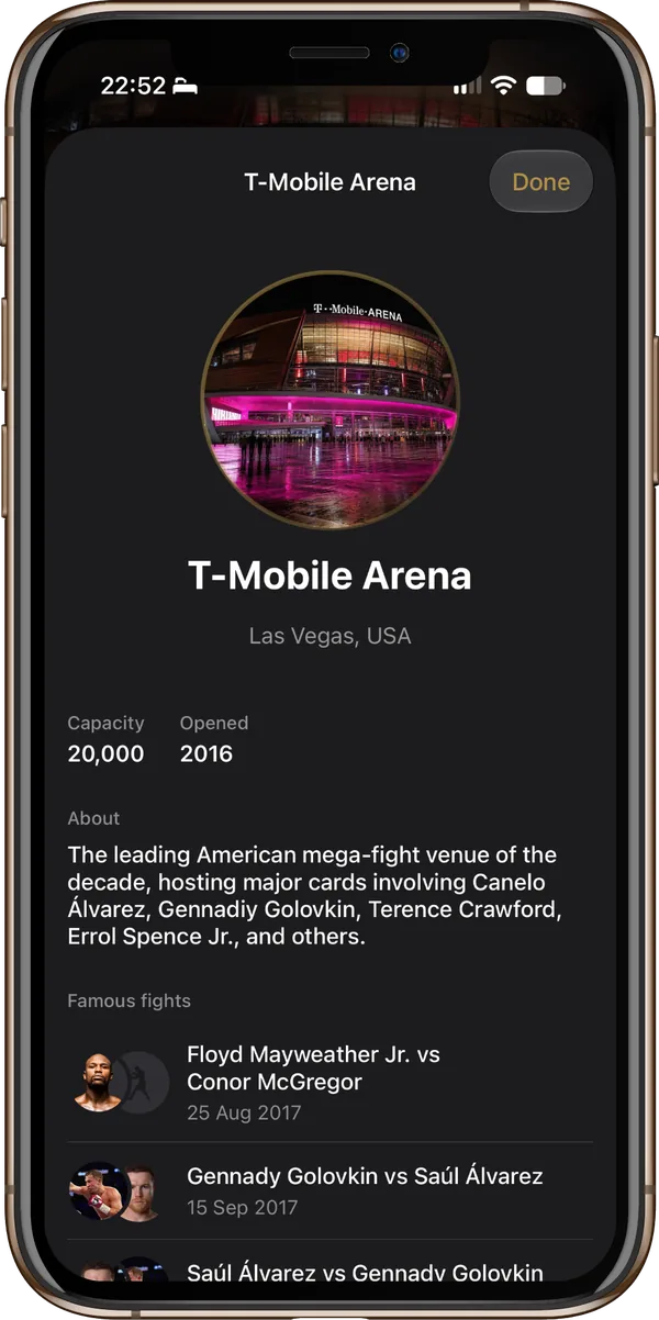 T-Mobile Arena’s venue profile in Fight Scores, with its history and famous fights