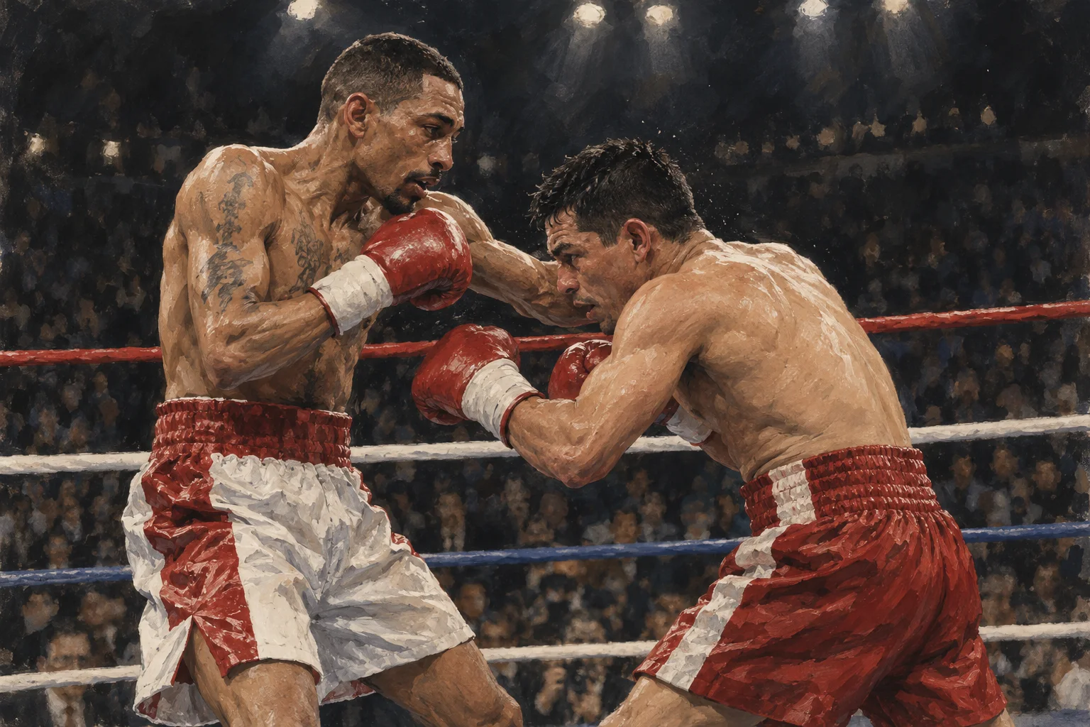 Editorial illustration of Diego Corrales and José Luis Castillo exchanging punches at close range