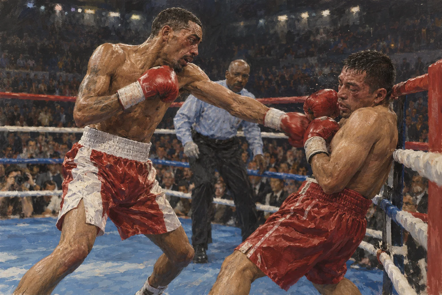 Editorial illustration of Diego Corrales driving José Luis Castillo towards the ropes in the tenth round